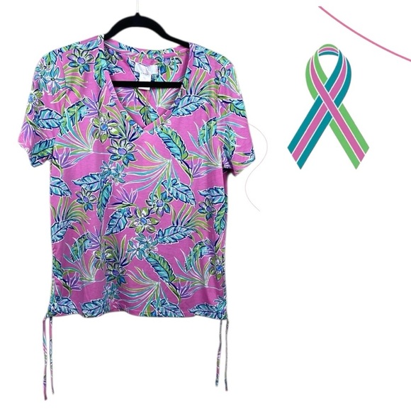 NWT Stella Parker Collection Hawaiian Pink Floral T Shirt Tee Side Ruche Sz L - Picture 1 of 9